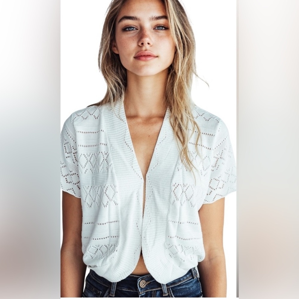 NEW-Shrug Sexy party crocheted eyelet 
Cream Open-Front Knit Cardigan
Crop style